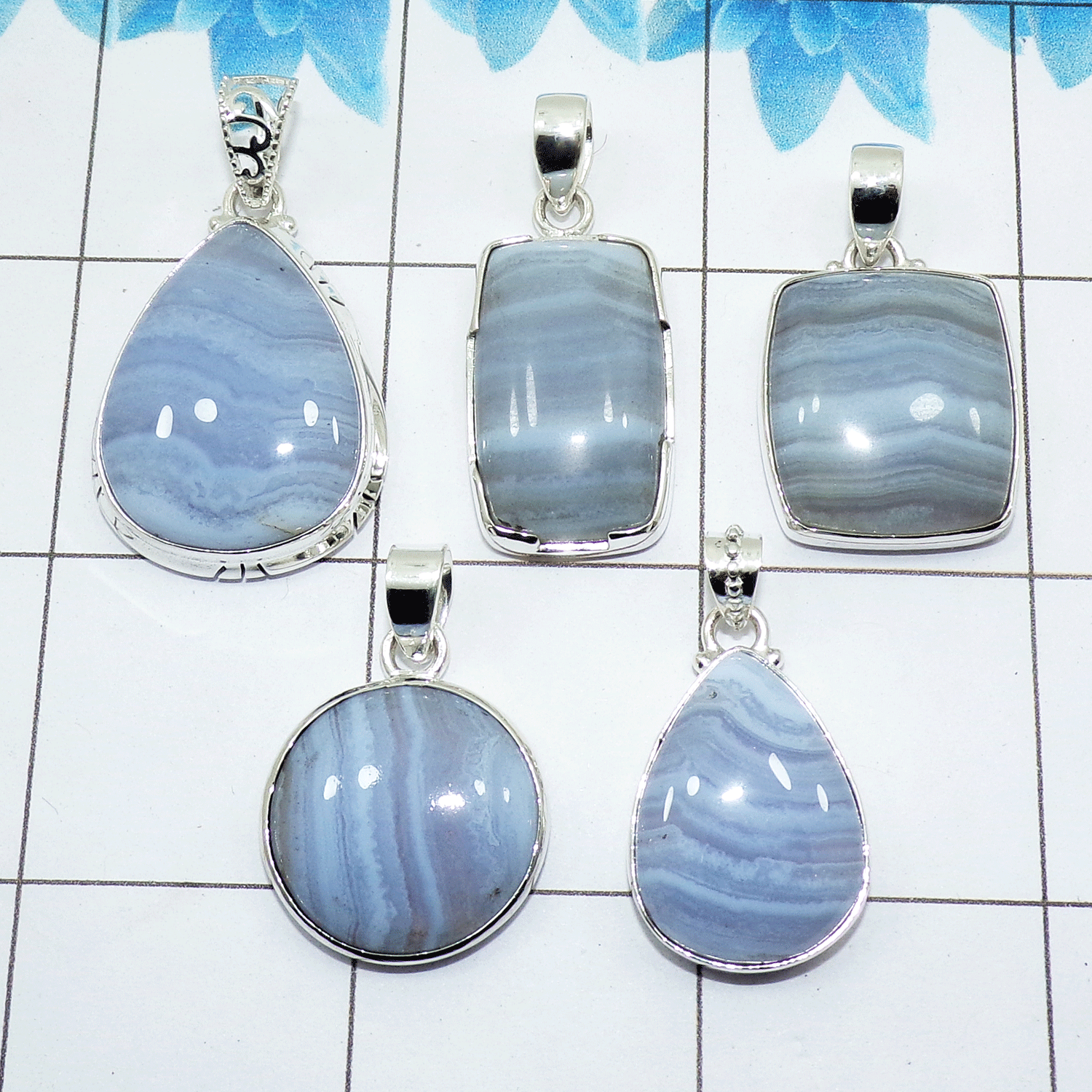 100 Grams Blue Lace Agate Pendants A - WBP100BLA - Assorted 925 Silver Pendants 100 Grams Blue Lace Agate Pendants A - WBP100BLA - Assorted 925 Silver Pendants