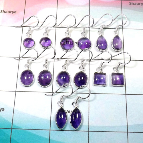 Amethyst Earring B - WEL999-100 Gram Assorted Shape Amethyst Cab 925 Sterling Silver Bezel Set 45 to 55 Pair Earring Lot Amethyst Earring B - WEL999-100 Gram Assorted Shape Amethyst Cab 925 Sterling Silver Bezel Set 45 to 55 Pair Earring Lot