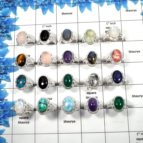Mix Cab stones O - WSL989 - 100 gms Lot Solid 925 sterling Silver Mix Cab Natural Assorted Gemstone with Wholesale Ring 13 to 16