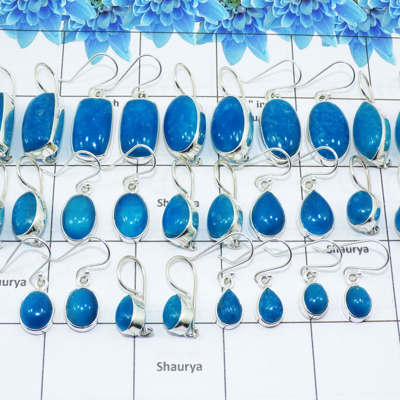 Natural Blue Smithsonite Cab O - WSL993 100 Grams Lots Blue Smithsonite Cab Mix Shape Gemstone 925 Sterling Silver Plain Earring
