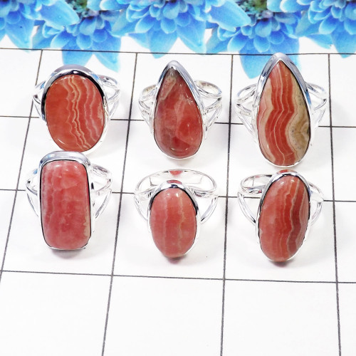 6 Pcs Rhodochrosite Cab Ring - WSLR876-AOCT25 Solid 925 Sterling Silver Cab Rhodochrosite Handmade Wholesale Ring Lot   Ring Siz