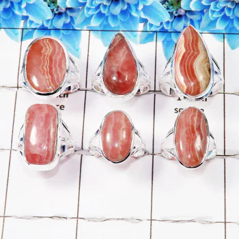 6 Pcs Rhodochrosite Cab Ring - WSLR876-AOCT25 Solid 925 Sterling Silver Cab Rhodochrosite Handmade Wholesale Ring Lot   Ring Siz