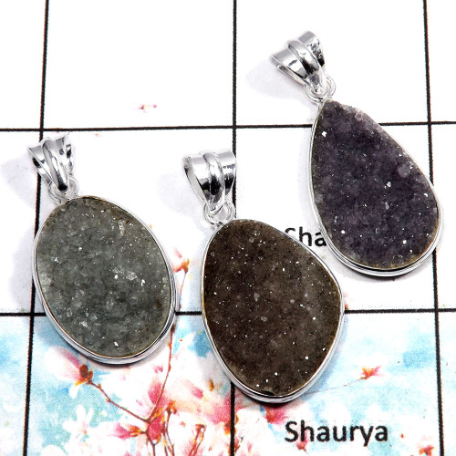 Natural Druzy - F WSP992 - Pretty Look Solid 92.5% Sterling Silver Bezel Set 3Pcs Combo Value Pack Pendant Lot