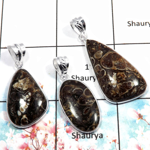 Turtella Jasper - J WSP992 - Solid 92.5% Sterling Silver Bezel Set 3Pcs Combo Value Pack Pendant Lot