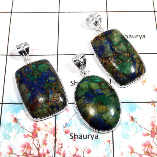 Mohave Copper Azurite - B WSP993 - Solid 92.5% Sterling Silver Bezel Set 3Pcs Combo Value Pack Pendant Lot