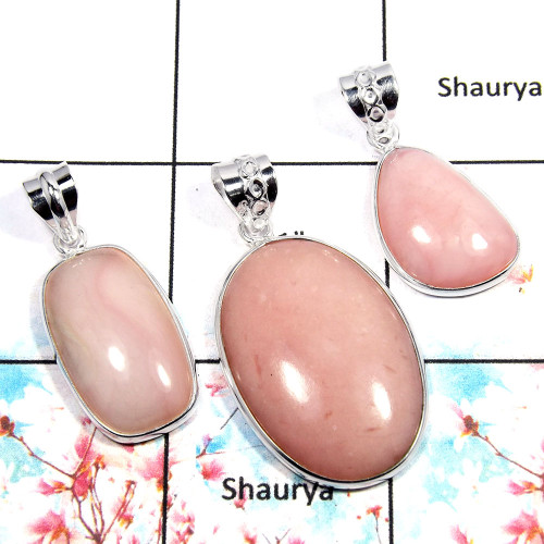 Pink Opal - D WSP993 - Natural Pink Opal Gemstone Bezel Set 3Pcs Combo Value Pack 925 Silver Pendant Lot