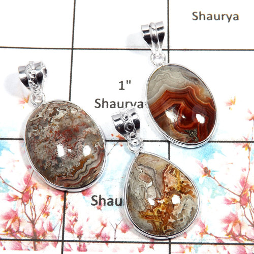 Crazy Lace Agate - O WSP993 - Indian Factory Made 925 Silver Bezel Set 3Pcs Combo Value Pack Pendant Lot