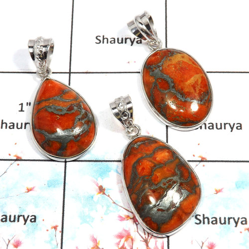Red Copper Turquoise - O WSP995 - Solid 925 Sterling Silver Bezel Set 3Pcs Combo Value Pack Pendant Lot