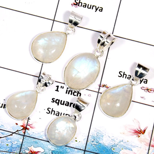 Rainbow Moonstone-A WSP999-925 Sterling Silver Rainbow Moonstone Bezel Set 5 Pcs Pendant Wholesale Lot
