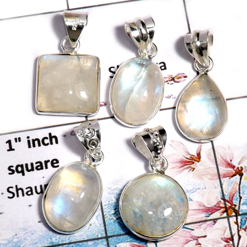 Rainbow Moonstone-C WSP999-925 Sterling Silver Rainbow Moonstone Bezel Set 5 Pcs Pendant Wholesale Lot