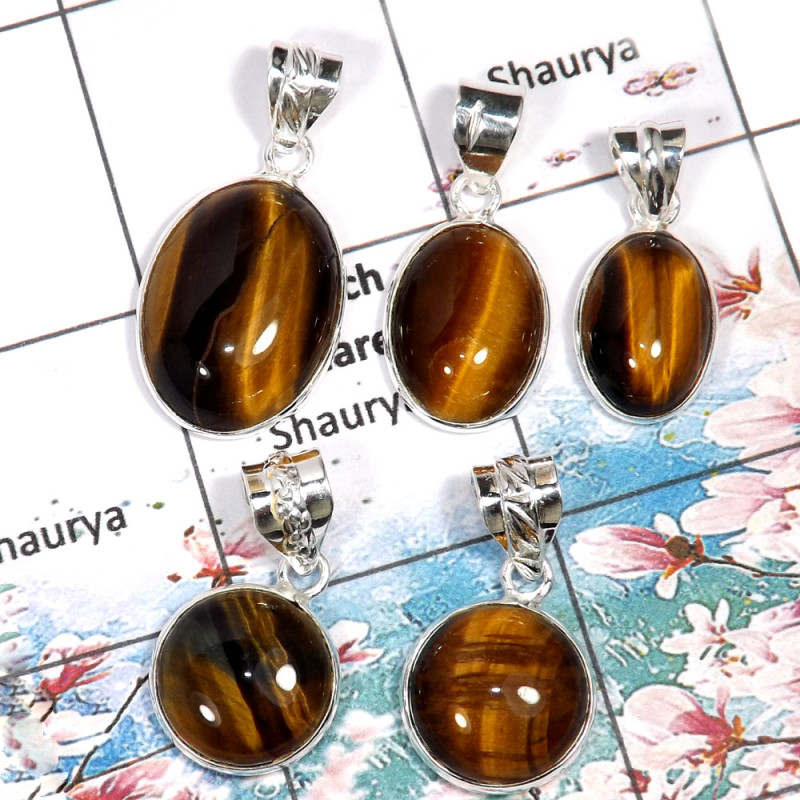 Tiger Eye-D WSP999-925 Sterling Silver Tiger Eye Bezel Set 5 Pcs Wholesale Pendant Lot Tiger Eye-D WSP999-925 Sterling Silver Tiger Eye Bezel Set 5 Pcs Wholesale Pendant Lot