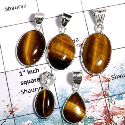 Tiger Eye-E WSP999-925 Sterling Silver Tiger Eye Bezel Set 5 Pcs Wholesale Pendant Lot Tiger Eye-E WSP999-925 Sterling Silver Tiger Eye Bezel Set 5 Pcs Wholesale Pendant Lot