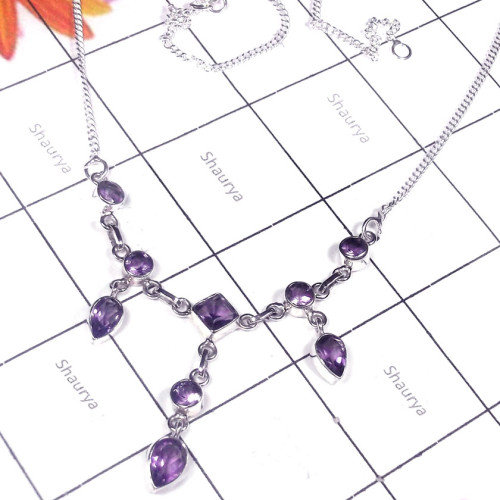 Amethyst cut O - SDN986-Faceted Amethyst gems silver Necklace Amethyst cut O - SDN986-Faceted Amethyst gems silver Necklace