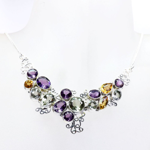 Multi Cut Gemstone D - SDN984-Multi faceted gemstone slver Necklace