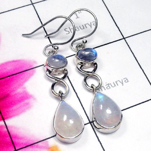 Rainbow A - SLE996-Rainbow Moonstone Sterling Silver Long Earring Rainbow A - SLE996-Rainbow Moonstone Sterling Silver Long Earring