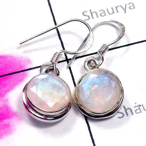 Rainbow A - SPE991-Small Size Sterling Silver Rainbow Moonstone Plain Earrin