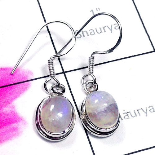 Rainbow O - SPE991-Small Size Sterling Silver Rainbow Moonstone Plain Earrin