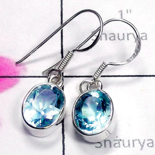 Blue Topaz A - SPE988-Blue Topaz Gemstone Plain Silver Earring