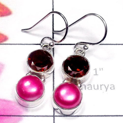 Pearl A - PPE991-Pearl with Cut Gemstone Sterling Silver Pretty Earring