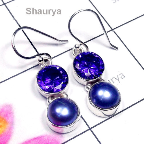 Pearl C - PPE991-Pearl with Cut Gemstone Sterling Silver Pretty Earring