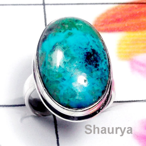 Crysocola A - PSR989-Crysocola Gemstone Plain Silver Stunning Ring