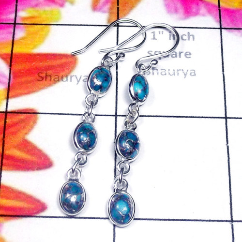 Blue copper Turquoise A - SBP968-Semiprecious Gemstone 925 Sterling Silver Bejal Earring