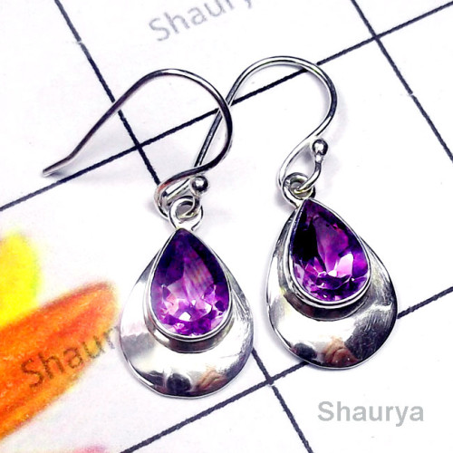 Amethyst A - SPE987-Exclusive Silver Cut Semiprecious Gemstone Handmade Earri