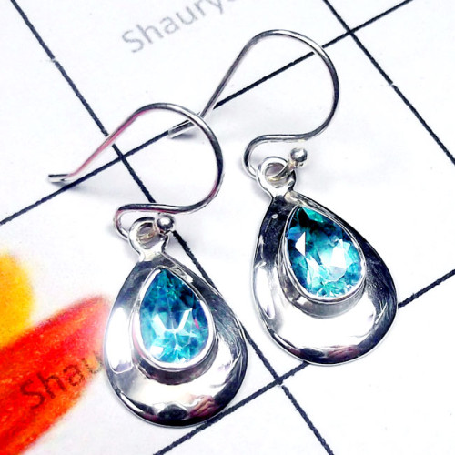 Blue Topaz C - SPE987-Exclusive Silver Cut Semiprecious Gemstone Handmade Earri