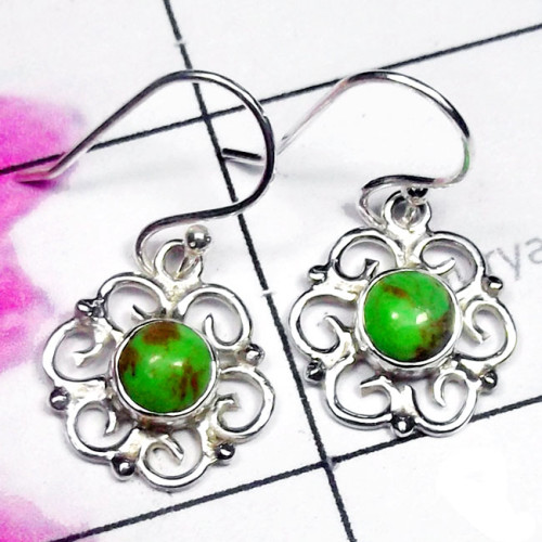 Green Turquoise C - SDE910-Semiprecious Gemstone Sterling Silver Filigree Earring Green Turquoise C - SDE910-Semiprecious Gemstone Sterling Silver Filigree Earring