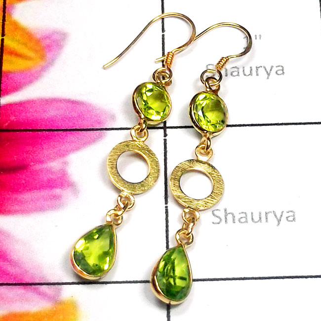 Peridot O - SGE982-Sterling Silver Gold Plated Cut Gemstone Earring Peridot O - SGE982-Sterling Silver Gold Plated Cut Gemstone Earring