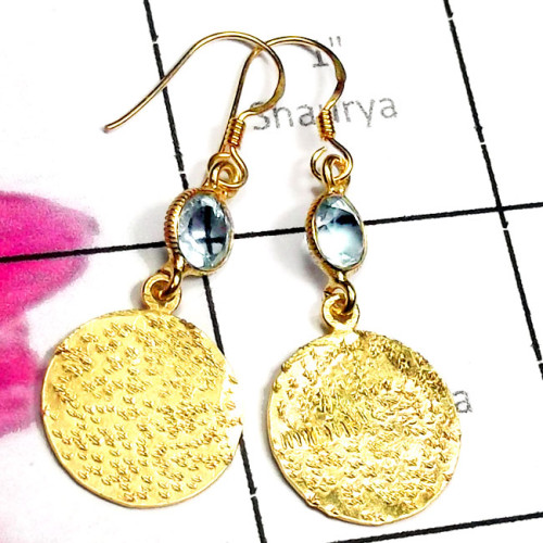 Blue Topaz B - SGE979-Dynamical silver Gold Plated Cut Gemstone Earring Blue Topaz B - SGE979-Dynamical silver Gold Plated Cut Gemstone Earring