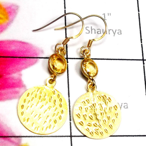 Citrine O - SGE979-Dynamical silver Gold Plated Cut Gemstone Earring