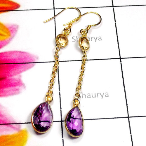 Amethyst A - SGE978-925 Manufacturer Cut Gemstone Gold Plated Earring Amethyst A - SGE978-925 Manufacturer Cut Gemstone Gold Plated Earring