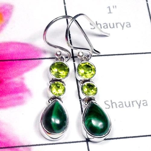 Peridot, Malachite G - SDE905-Exclusive Silver Three Gemstone Stunning Earring