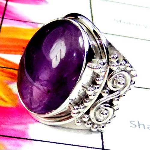 Amethyst O - SDR947-Designer Cab stone Silver Rings