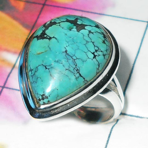 Tibet Turquoise E - PSR977-Tibet Turquoise Gemstone Sterling Silver Plain Silver Rin