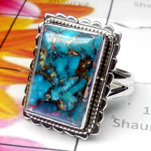 Blue copper Turquoise A - SDR932-Blue Copper Turquoise Gemstone 925 Silver Stunning Ring