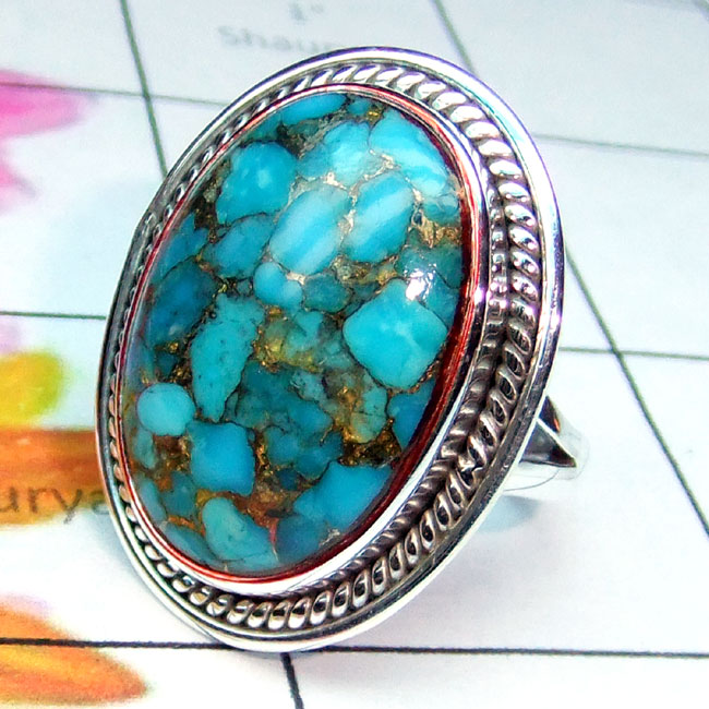 Blue copper Turquoise B - SDR932-Blue Copper Turquoise Gemstone 925 Silver Stunning Ring