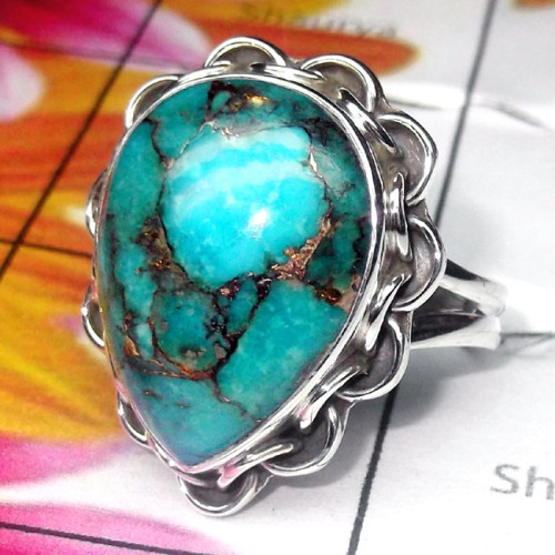 Blue Copper Turquoise O - SDR932-Blue Copper Turquoise Gemstone 925 Silver Stunning Ring