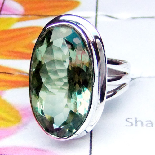 Green Amethyst O - PSR971-Plain Silver Green Amethyst Gemstone Ring