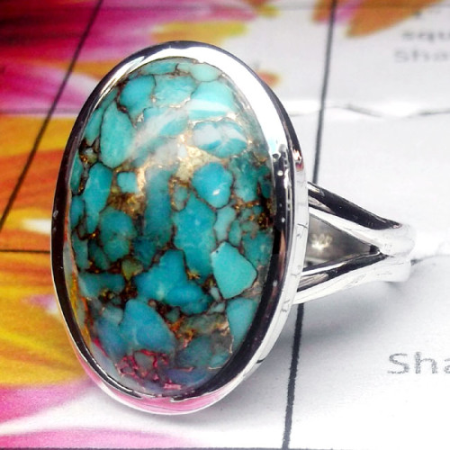 Blue Copper Turquoise E - PSR970-Blue Copper Turquoise Gemstone 925 Silver Royal Ring