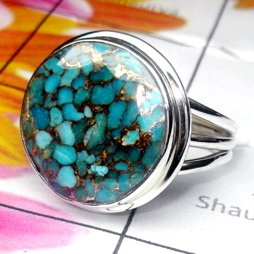Blue Copper Turquoise O - PSR970-Blue Copper Turquoise Gemstone 925 Silver Royal Ring
