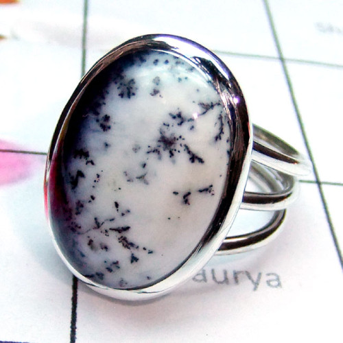 Dendritic Agate A - PSR960-Dendritic Agate Semiprecious Gemstone Plain Silver Ring