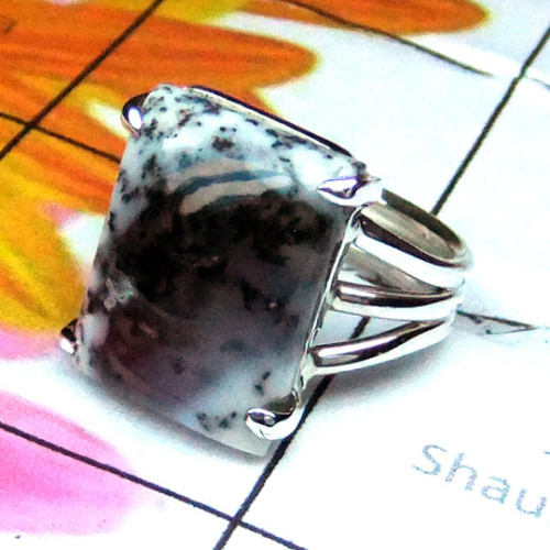Dendritic Agate B - PSR960-Dendritic Agate Semiprecious Gemstone Plain Silver Ring