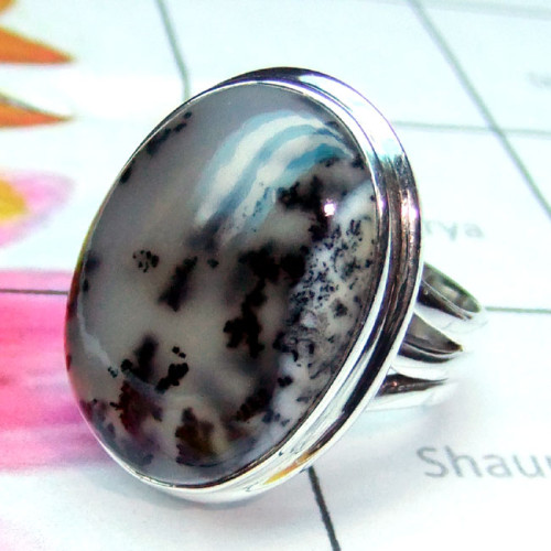 Dendritic Agate C - PSR960-Dendritic Agate Semiprecious Gemstone Plain Silver Ring