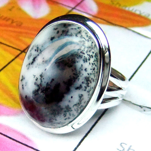 Dendritic Agate O - PSR960-Dendritic Agate Semiprecious Gemstone Plain Silver Ring