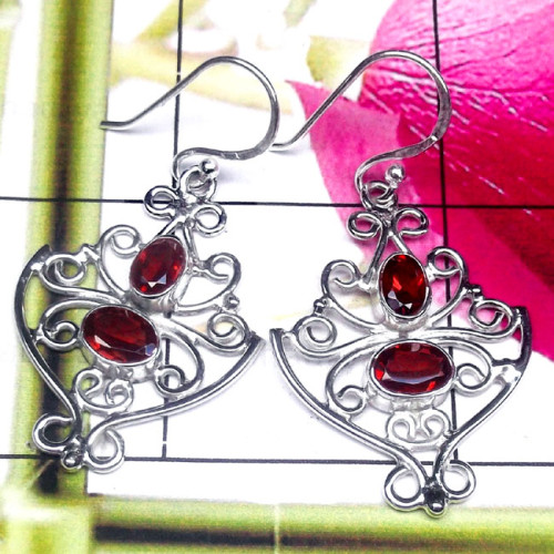 Garnet B - FLE993-Two Stone 925 Sterling Silver Filigree Earring