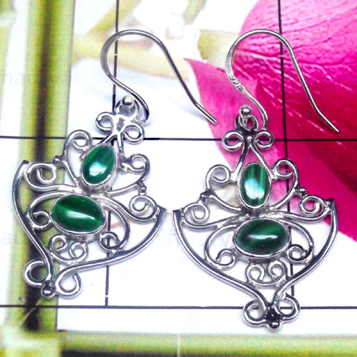 Malachite D - FLE993-Two Stone 925 Sterling Silver Filigree Earring