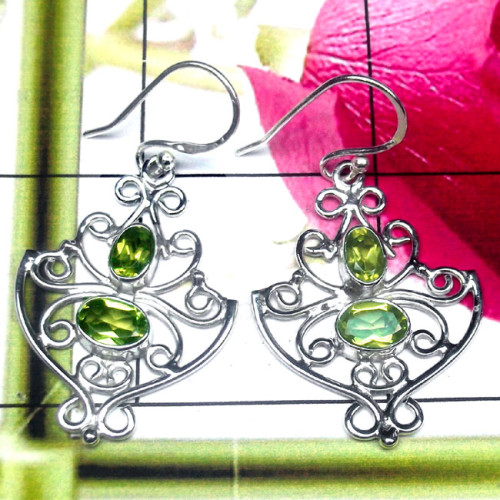 Peridot cut E - FLE993-Two Stone 925 Sterling Silver Filigree Earring