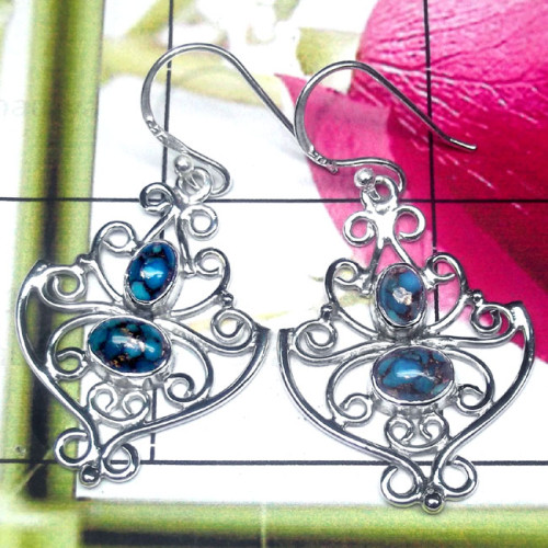 Blue Copper Turquoise F - FLE993-Two Stone 925 Sterling Silver Filigree Earring
